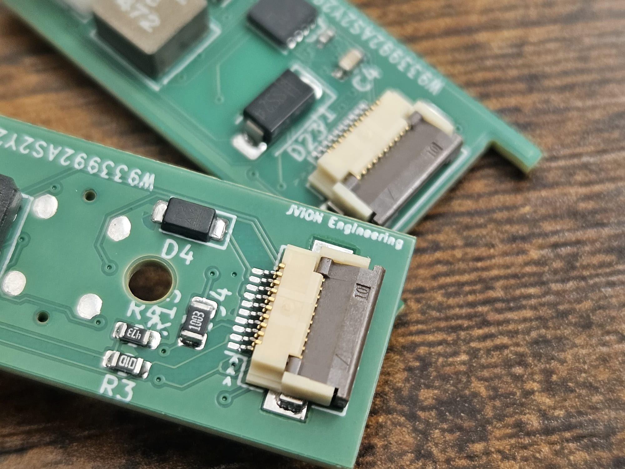 Macro of the board silkscreen reading JVION Engineering